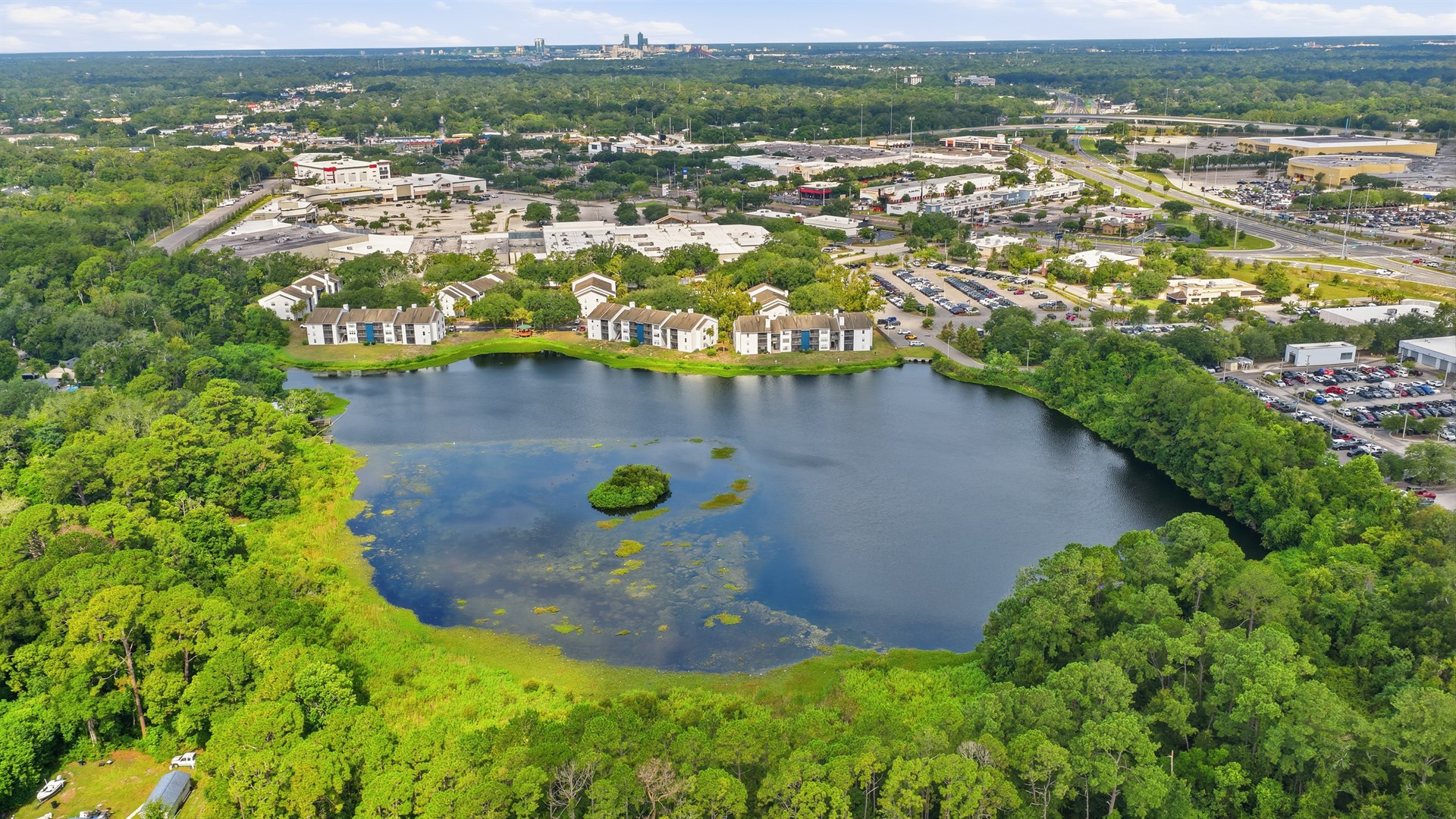 Aerial view of the lake with downtown Jacksonville beyond