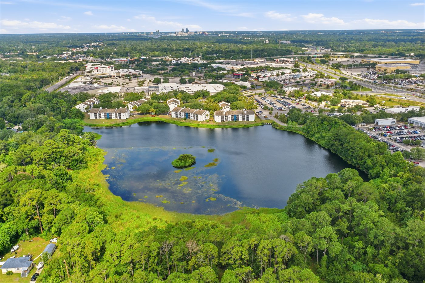 The lake and its island, with the downtown Jacksonville skyline beyond