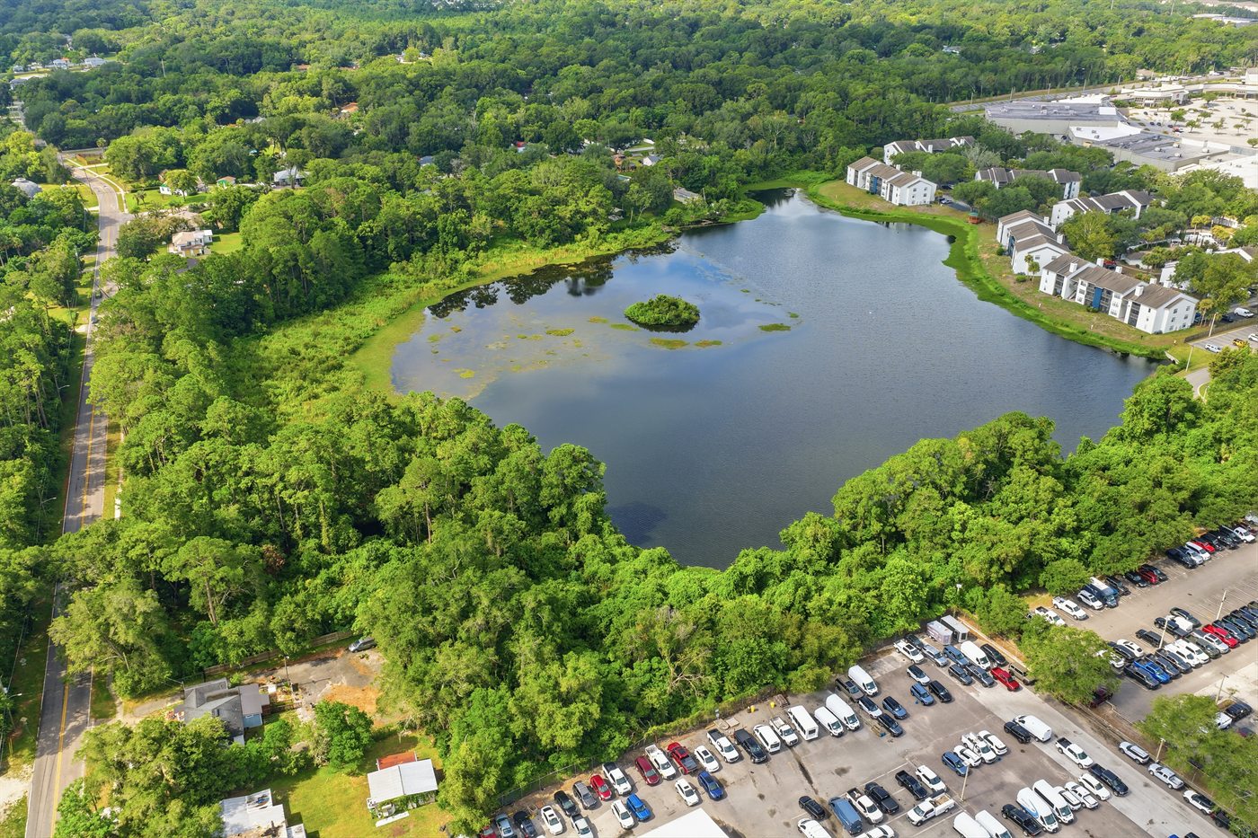 Aerial over the lake and island